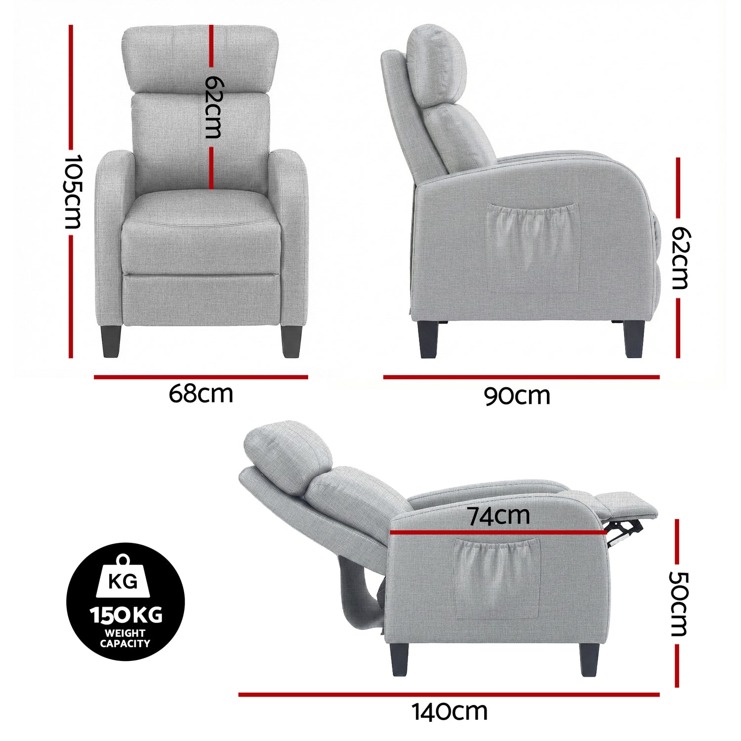 Artiss Massage Recliner Chair Small Recliner Sofa for Adults Fabric Grey-Furniture > Bar Stools &amp; Chairs > Arm Chairs &amp; Recliners-PEROZ Accessories
