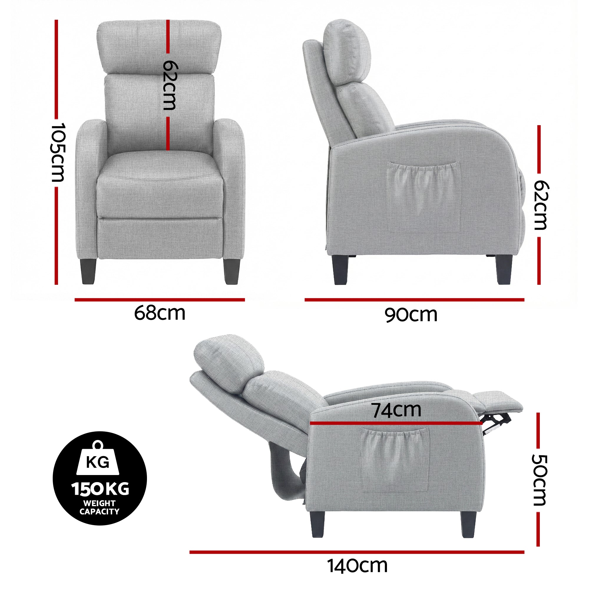 Artiss Massage Recliner Chair Small Recliner Sofa for Adults Fabric Grey-Furniture > Bar Stools &amp; Chairs > Arm Chairs &amp; Recliners-PEROZ Accessories