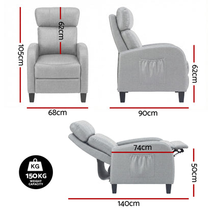 Artiss Massage Recliner Chair Small Recliner Sofa for Adults Fabric Grey-Furniture > Bar Stools &amp; Chairs > Arm Chairs &amp; Recliners-PEROZ Accessories