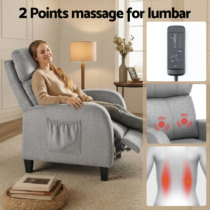 Artiss Massage Recliner Chair Small Recliner Sofa for Adults Fabric Grey-Furniture > Bar Stools &amp; Chairs > Arm Chairs &amp; Recliners-PEROZ Accessories