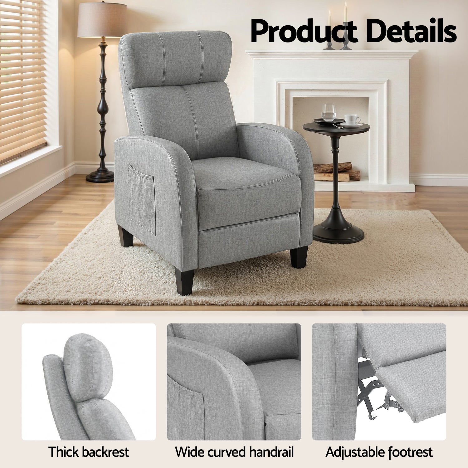 Artiss Massage Recliner Chair Small Recliner Sofa for Adults Fabric Grey-Furniture > Bar Stools &amp; Chairs > Arm Chairs &amp; Recliners-PEROZ Accessories