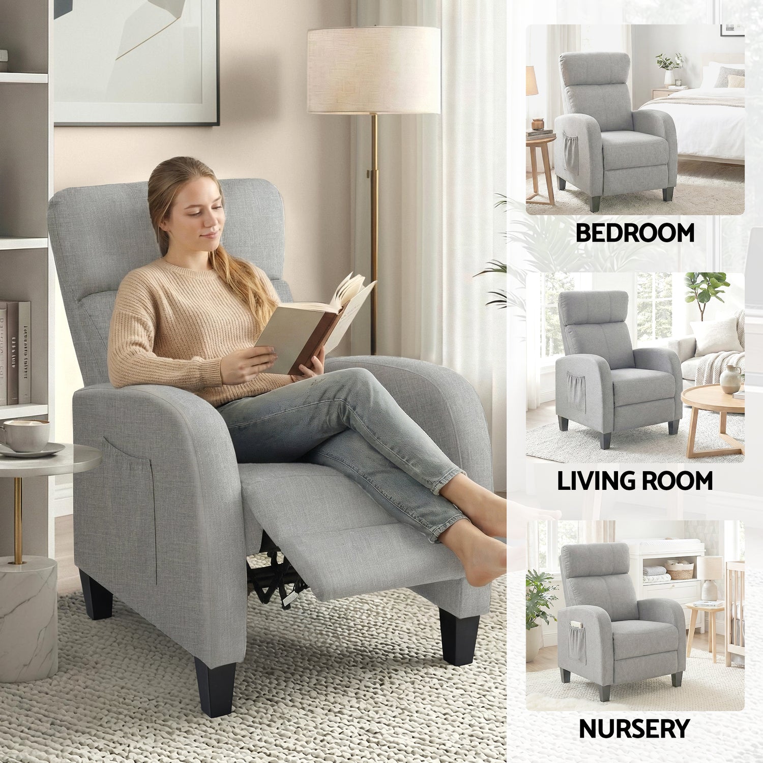 Artiss Massage Recliner Chair Small Recliner Sofa for Adults Fabric Grey-Furniture > Bar Stools &amp; Chairs > Arm Chairs &amp; Recliners-PEROZ Accessories
