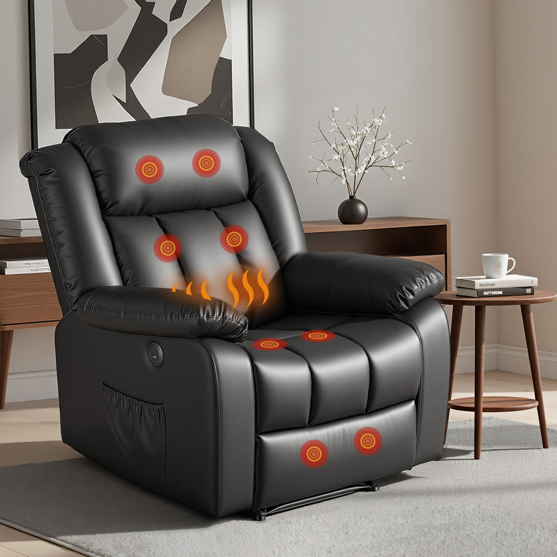 Artiss Manual Massage Recliner Chair for Living Room, Leather Sofa Lounge Reclining Chair with 2 USB Port, 160° Recline Reading Chair with 20CM Wide Armrests, 8 Point Vibration &amp; Lumbar Heat, Black-Furniture > Bar Stools &amp; Chairs > Arm Chairs &amp; Recliners-PEROZ Accessories