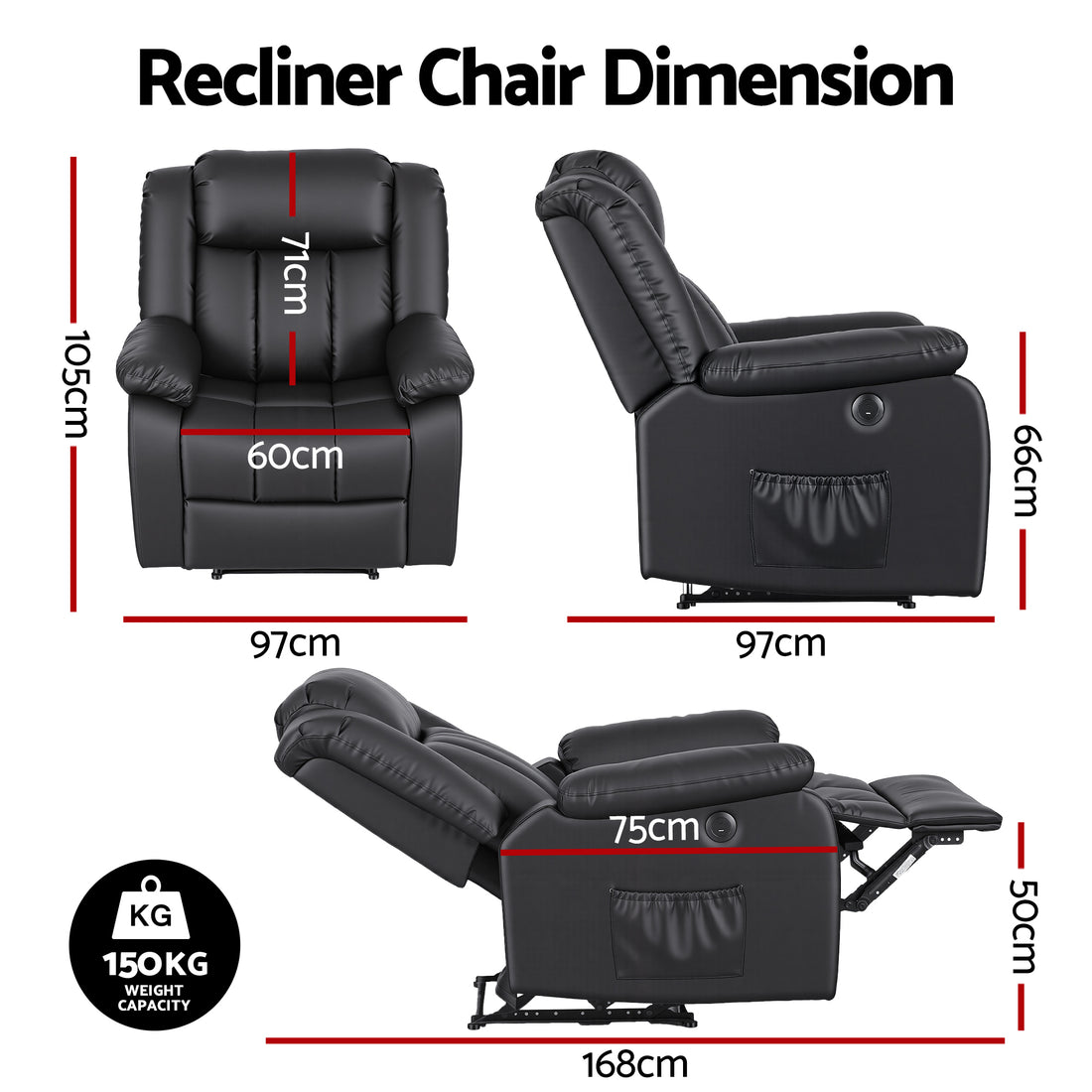 Artiss Manual Massage Recliner Chair for Living Room, Leather Sofa Lounge Reclining Chair with 2 USB Port, 160° Recline Reading Chair with 20CM Wide Armrests, 8 Point Vibration &amp; Lumbar Heat, Black-Furniture > Bar Stools &amp; Chairs > Arm Chairs &amp; Recliners-PEROZ Accessories