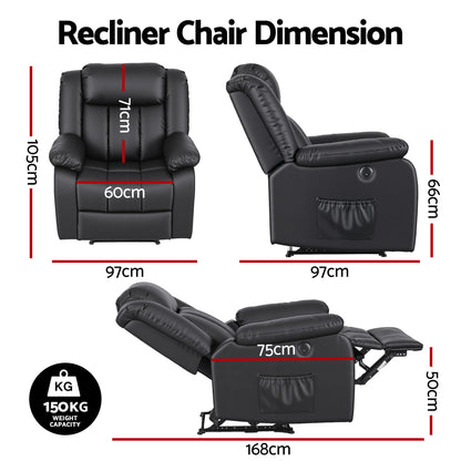 Artiss Manual Massage Recliner Chair for Living Room, Leather Sofa Lounge Reclining Chair with 2 USB Port, 160° Recline Reading Chair with 20CM Wide Armrests, 8 Point Vibration &amp; Lumbar Heat, Black-Furniture > Bar Stools &amp; Chairs > Arm Chairs &amp; Recliners-PEROZ Accessories