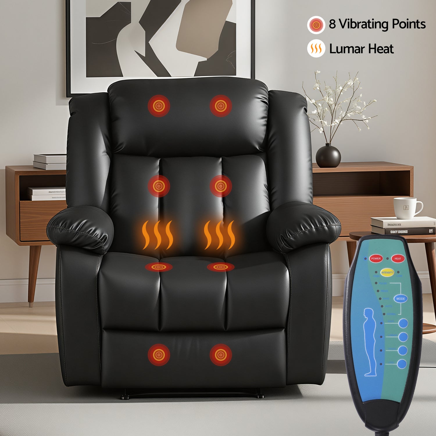 Artiss Manual Massage Recliner Chair for Living Room, Leather Sofa Lounge Reclining Chair with 2 USB Port, 160° Recline Reading Chair with 20CM Wide Armrests, 8 Point Vibration &amp; Lumbar Heat, Black-Furniture > Bar Stools &amp; Chairs > Arm Chairs &amp; Recliners-PEROZ Accessories