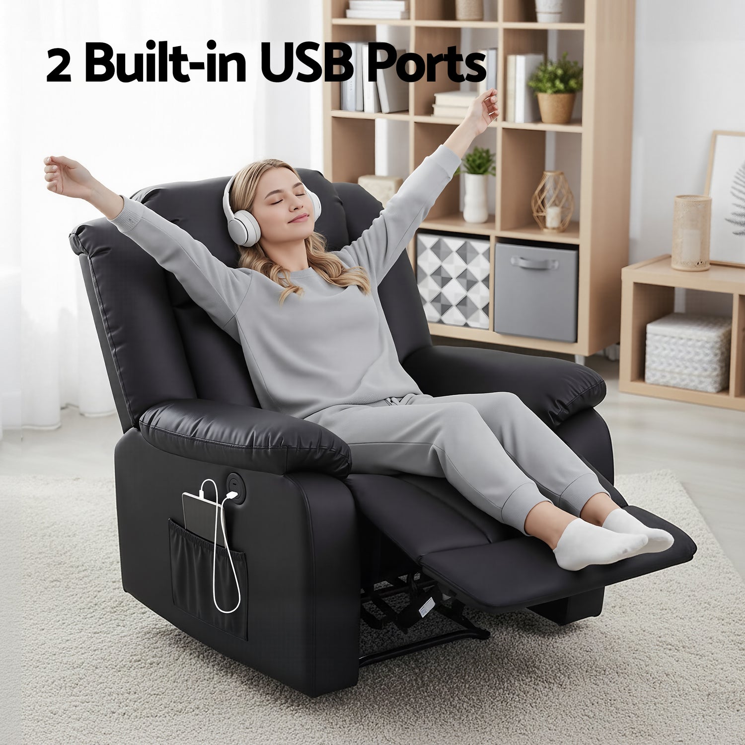 Artiss Manual Massage Recliner Chair for Living Room, Leather Sofa Lounge Reclining Chair with 2 USB Port, 160° Recline Reading Chair with 20CM Wide Armrests, 8 Point Vibration &amp; Lumbar Heat, Black-Furniture > Bar Stools &amp; Chairs > Arm Chairs &amp; Recliners-PEROZ Accessories