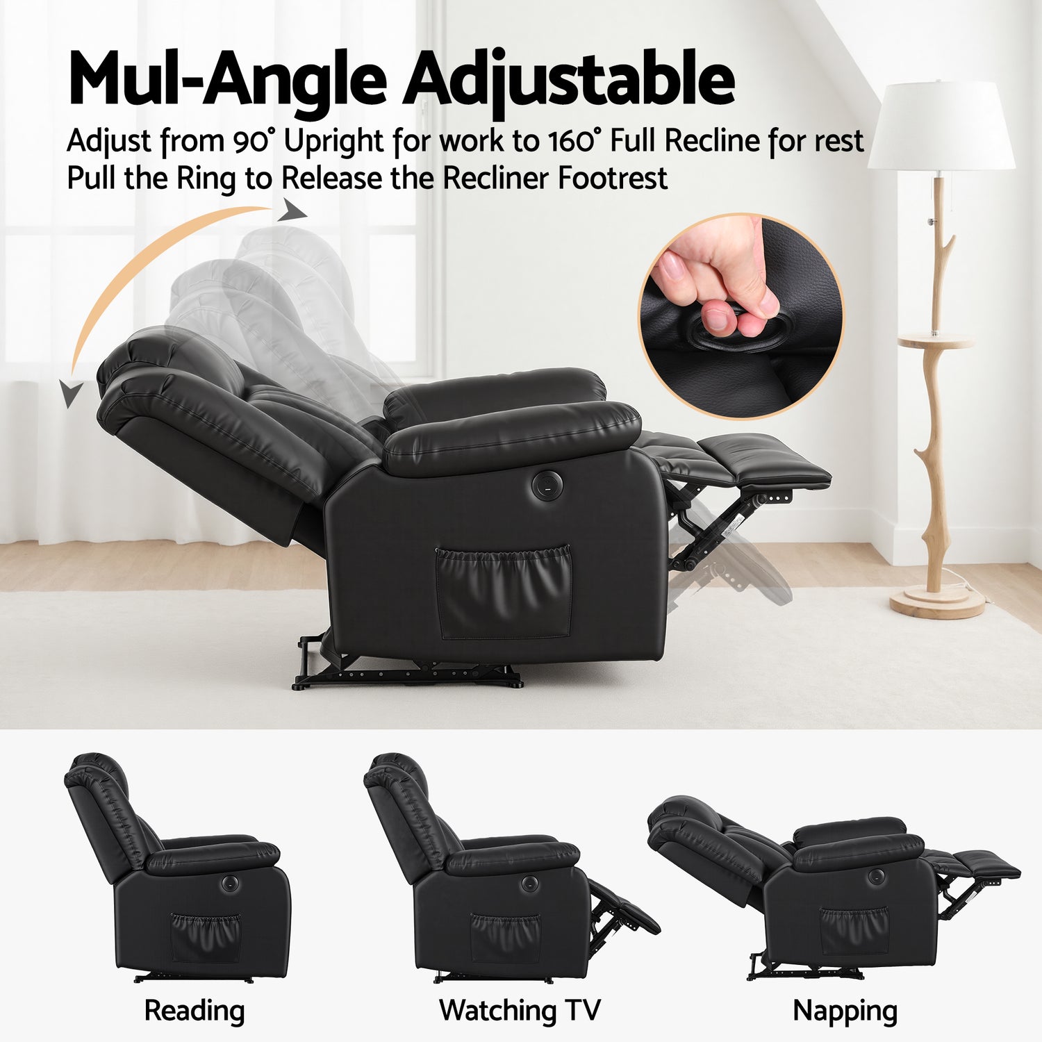 Artiss Manual Massage Recliner Chair for Living Room, Leather Sofa Lounge Reclining Chair with 2 USB Port, 160° Recline Reading Chair with 20CM Wide Armrests, 8 Point Vibration &amp; Lumbar Heat, Black-Furniture > Bar Stools &amp; Chairs > Arm Chairs &amp; Recliners-PEROZ Accessories