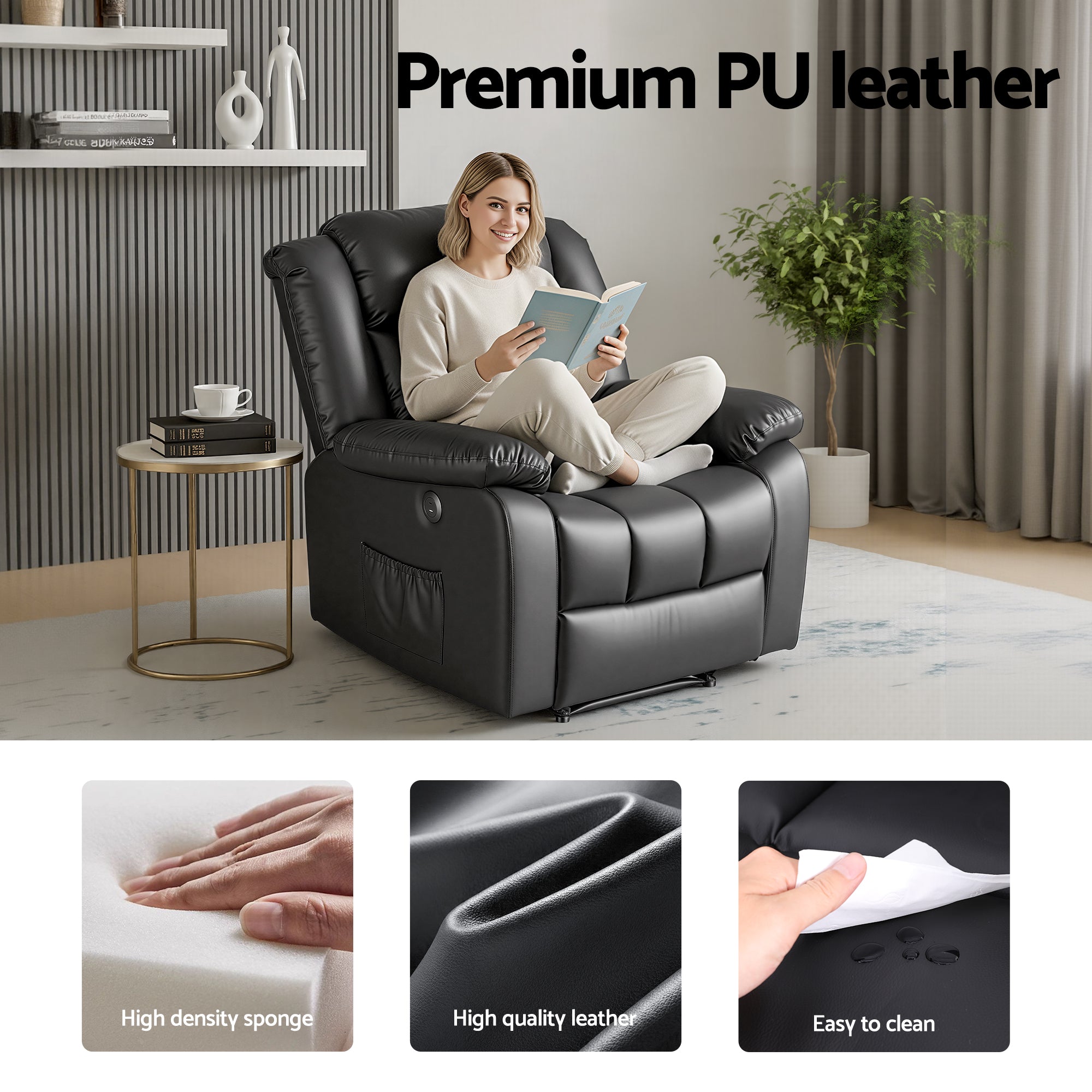 Artiss Manual Massage Recliner Chair for Living Room, Leather Sofa Lounge Reclining Chair with 2 USB Port, 160° Recline Reading Chair with 20CM Wide Armrests, 8 Point Vibration &amp; Lumbar Heat, Black-Furniture > Bar Stools &amp; Chairs > Arm Chairs &amp; Recliners-PEROZ Accessories