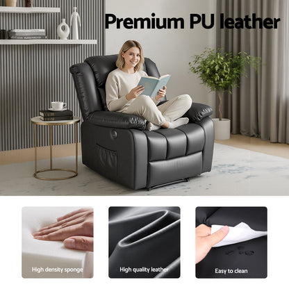 Artiss Manual Massage Recliner Chair for Living Room, Leather Sofa Lounge Reclining Chair with 2 USB Port, 160° Recline Reading Chair with 20CM Wide Armrests, 8 Point Vibration &amp; Lumbar Heat, Black-Furniture > Bar Stools &amp; Chairs > Arm Chairs &amp; Recliners-PEROZ Accessories