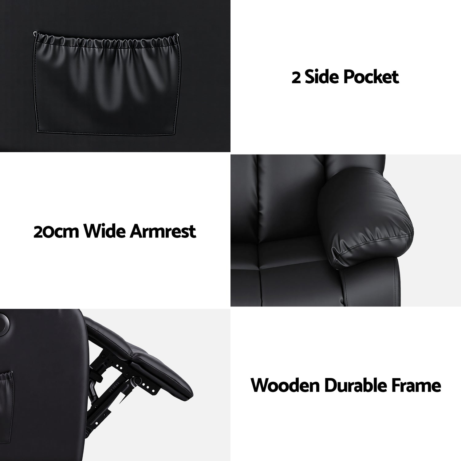 Artiss Manual Massage Recliner Chair for Living Room, Leather Sofa Lounge Reclining Chair with 2 USB Port, 160° Recline Reading Chair with 20CM Wide Armrests, 8 Point Vibration &amp; Lumbar Heat, Black-Furniture > Bar Stools &amp; Chairs > Arm Chairs &amp; Recliners-PEROZ Accessories