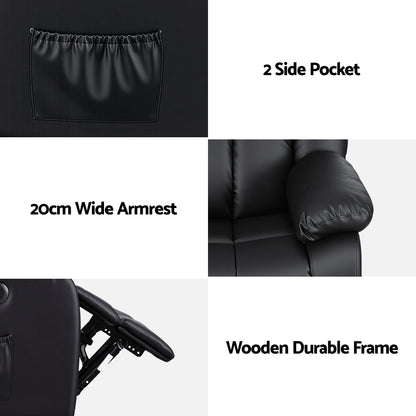 Artiss Manual Massage Recliner Chair for Living Room, Leather Sofa Lounge Reclining Chair with 2 USB Port, 160° Recline Reading Chair with 20CM Wide Armrests, 8 Point Vibration &amp; Lumbar Heat, Black-Furniture > Bar Stools &amp; Chairs > Arm Chairs &amp; Recliners-PEROZ Accessories