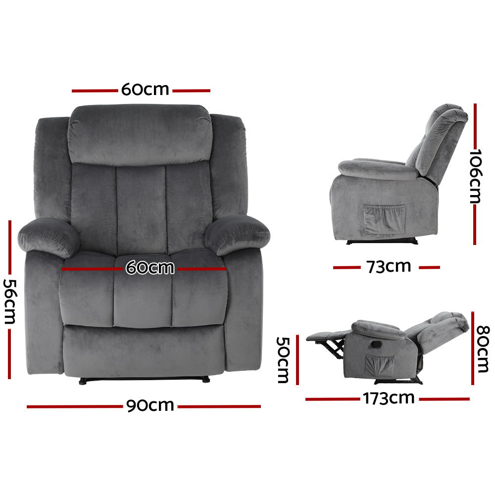 Artiss Recliner Chair Electric Massage Chair Velvet Lounge Sofa Heated Grey-Furniture &gt; Living Room-PEROZ Accessories