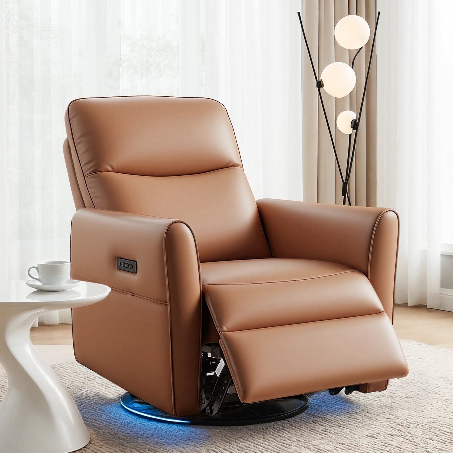 Artiss Swivel Recliner Chair Leather Rocking Reclining Sofa with Charging Ports LED Brown-Furniture > Bar Stools &amp; Chairs > Arm Chairs &amp; Recliners-PEROZ Accessories