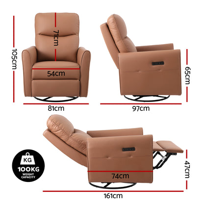 Artiss Swivel Recliner Chair Leather Rocking Reclining Sofa with Charging Ports LED Brown-Furniture > Bar Stools &amp; Chairs > Arm Chairs &amp; Recliners-PEROZ Accessories