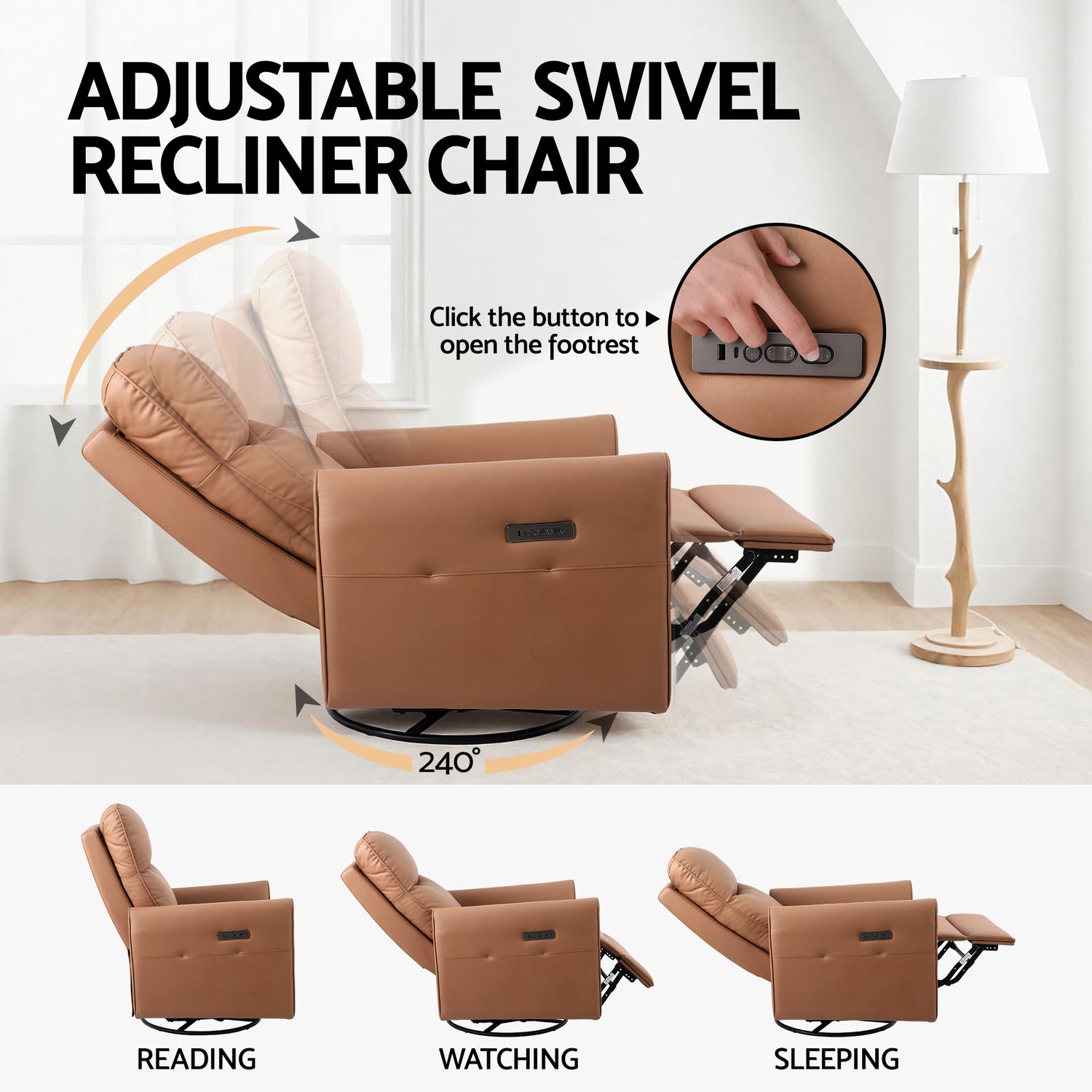 Artiss Swivel Recliner Chair Leather Rocking Reclining Sofa with Charging Ports LED Brown-Furniture > Bar Stools &amp; Chairs > Arm Chairs &amp; Recliners-PEROZ Accessories