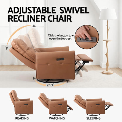 Artiss Swivel Recliner Chair Leather Rocking Reclining Sofa with Charging Ports LED Brown-Furniture > Bar Stools &amp; Chairs > Arm Chairs &amp; Recliners-PEROZ Accessories