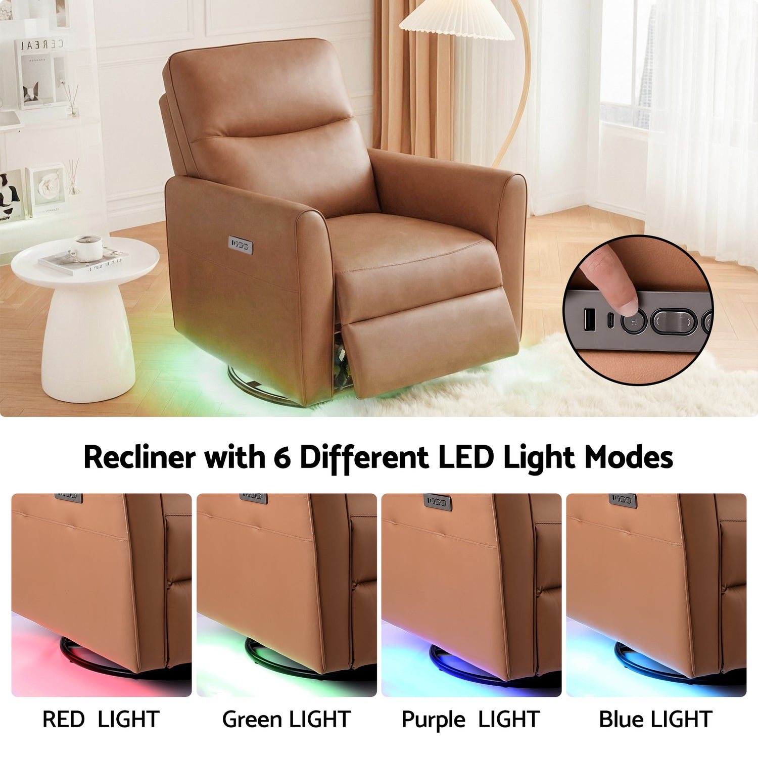 Artiss Swivel Recliner Chair Leather Rocking Reclining Sofa with Charging Ports LED Brown-Furniture > Bar Stools &amp; Chairs > Arm Chairs &amp; Recliners-PEROZ Accessories