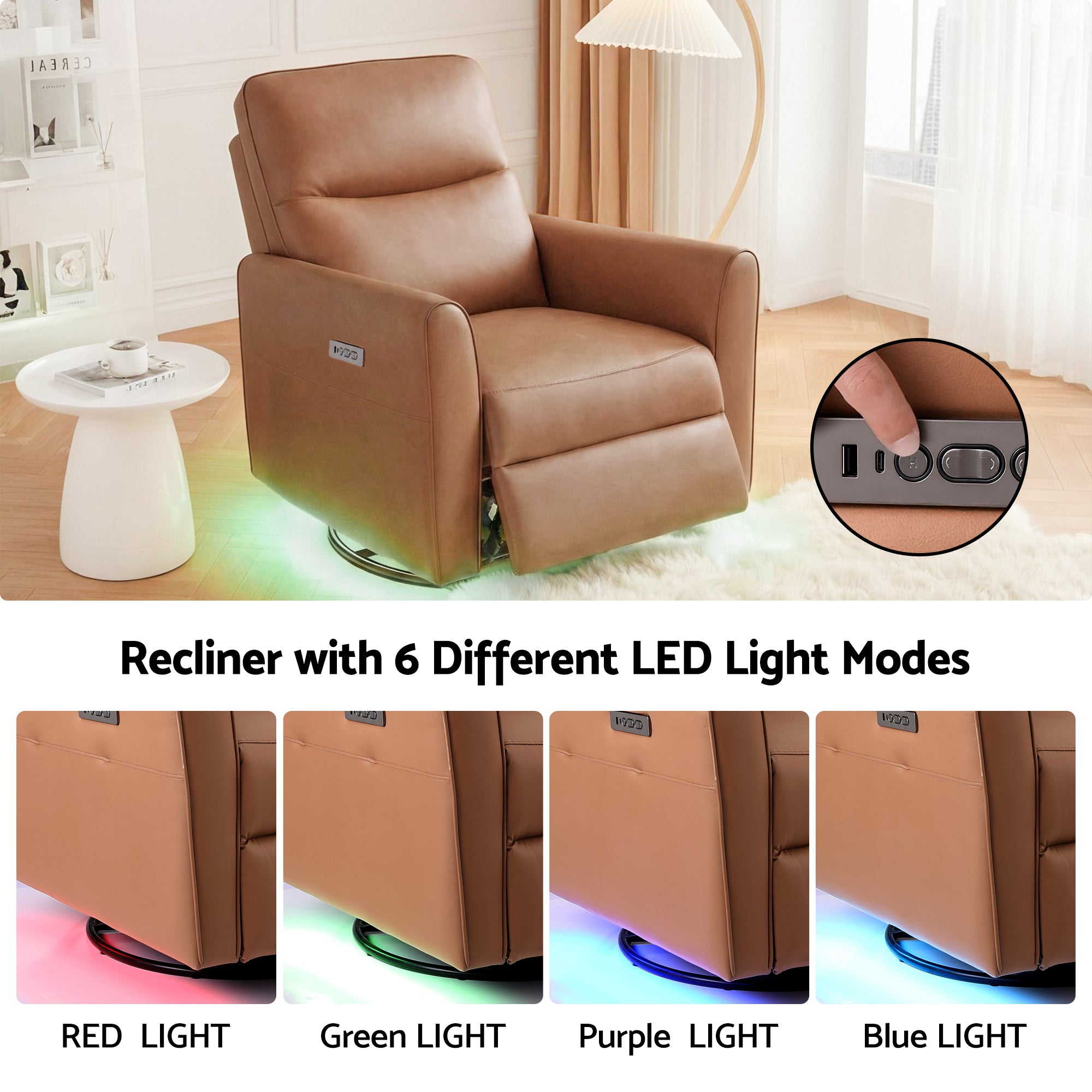 Artiss Swivel Recliner Chair Leather Rocking Reclining Sofa with Charging Ports LED Brown-Furniture > Bar Stools &amp; Chairs > Arm Chairs &amp; Recliners-PEROZ Accessories