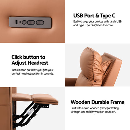 Artiss Swivel Recliner Chair Leather Rocking Reclining Sofa with Charging Ports LED Brown-Furniture > Bar Stools &amp; Chairs > Arm Chairs &amp; Recliners-PEROZ Accessories