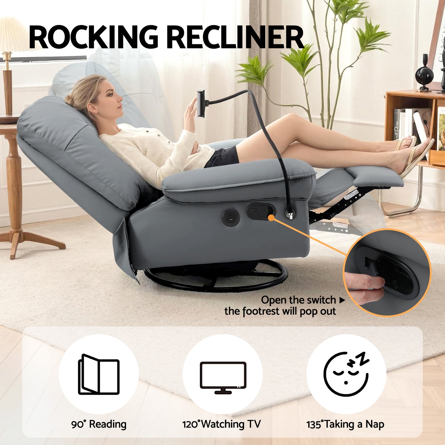 Artiss Manual Swivel Rocker Recliner with USB Ports Rocking Chair Nursery Sofa Lounge-Furniture > Bar Stools &amp; Chairs > Arm Chairs &amp; Recliners-PEROZ Accessories