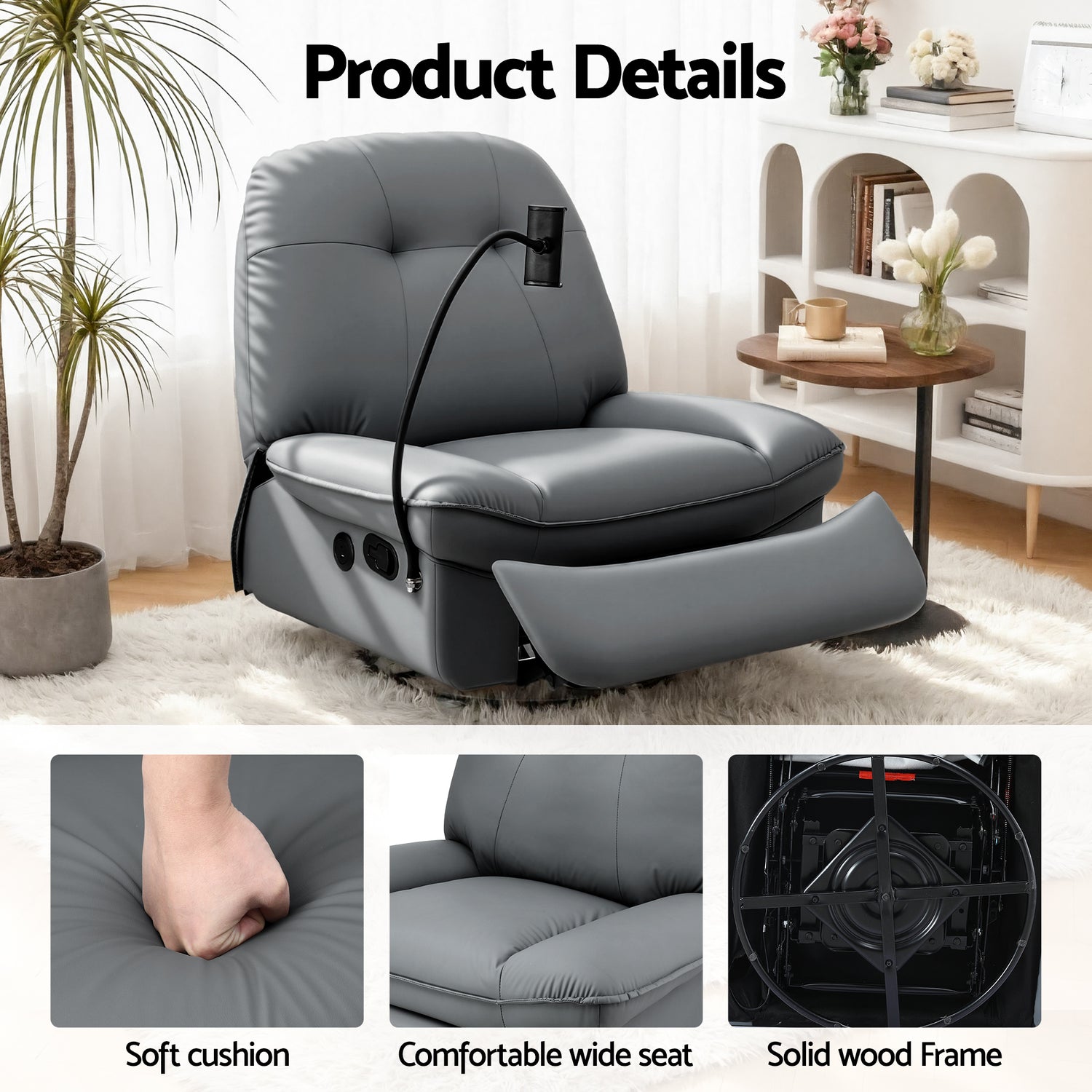 Artiss Manual Swivel Rocker Recliner with USB Ports Rocking Chair Nursery Sofa Lounge-Furniture > Bar Stools &amp; Chairs > Arm Chairs &amp; Recliners-PEROZ Accessories