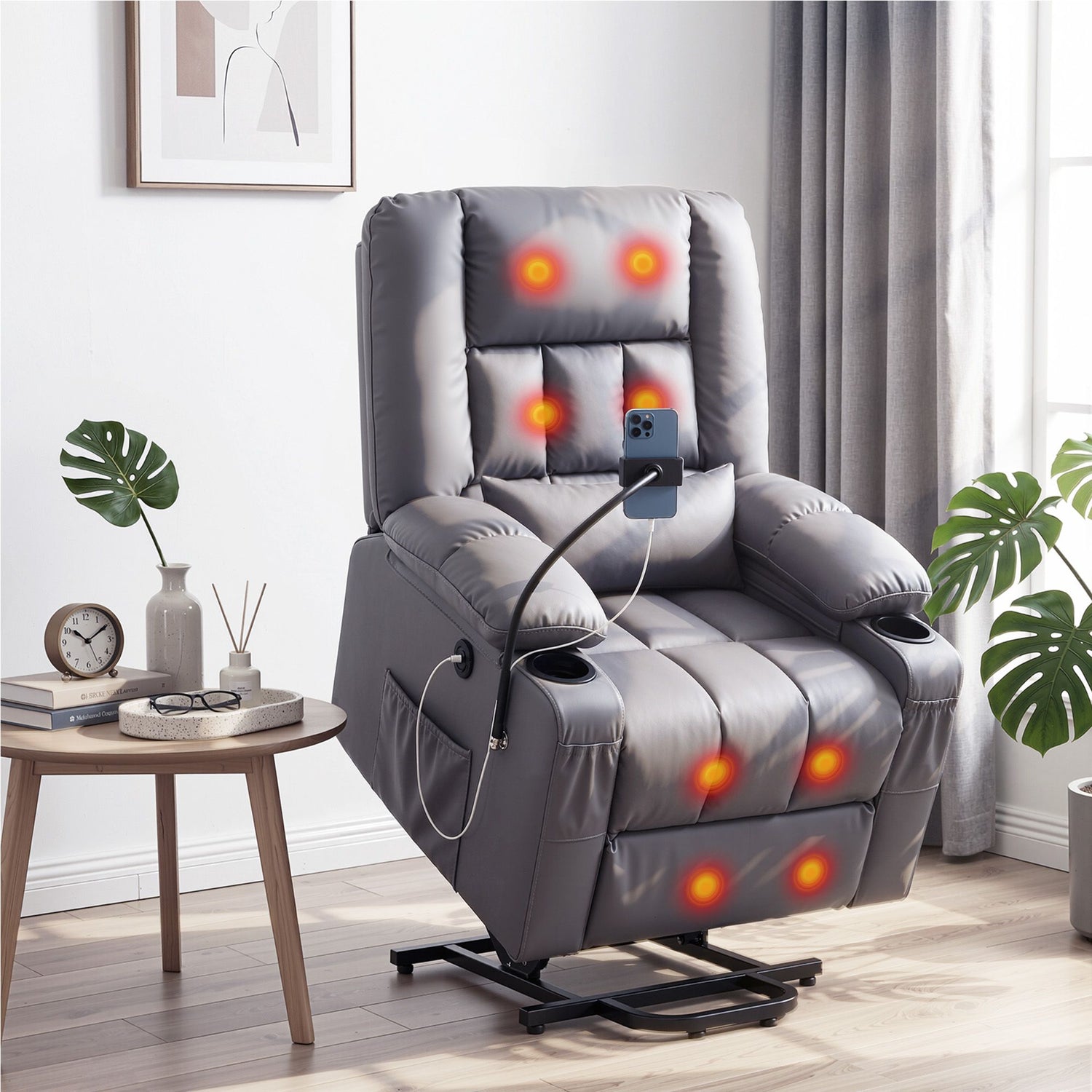 Artiss Power Lift Recliner Chair with Massage and Heat for Elderly, Electric Sofa Reclining Chair with USB and Phone Holder, PU Leather Comfy Armchair for Living Room, 2 Cup Holder &amp; 4 Pockets, Grey