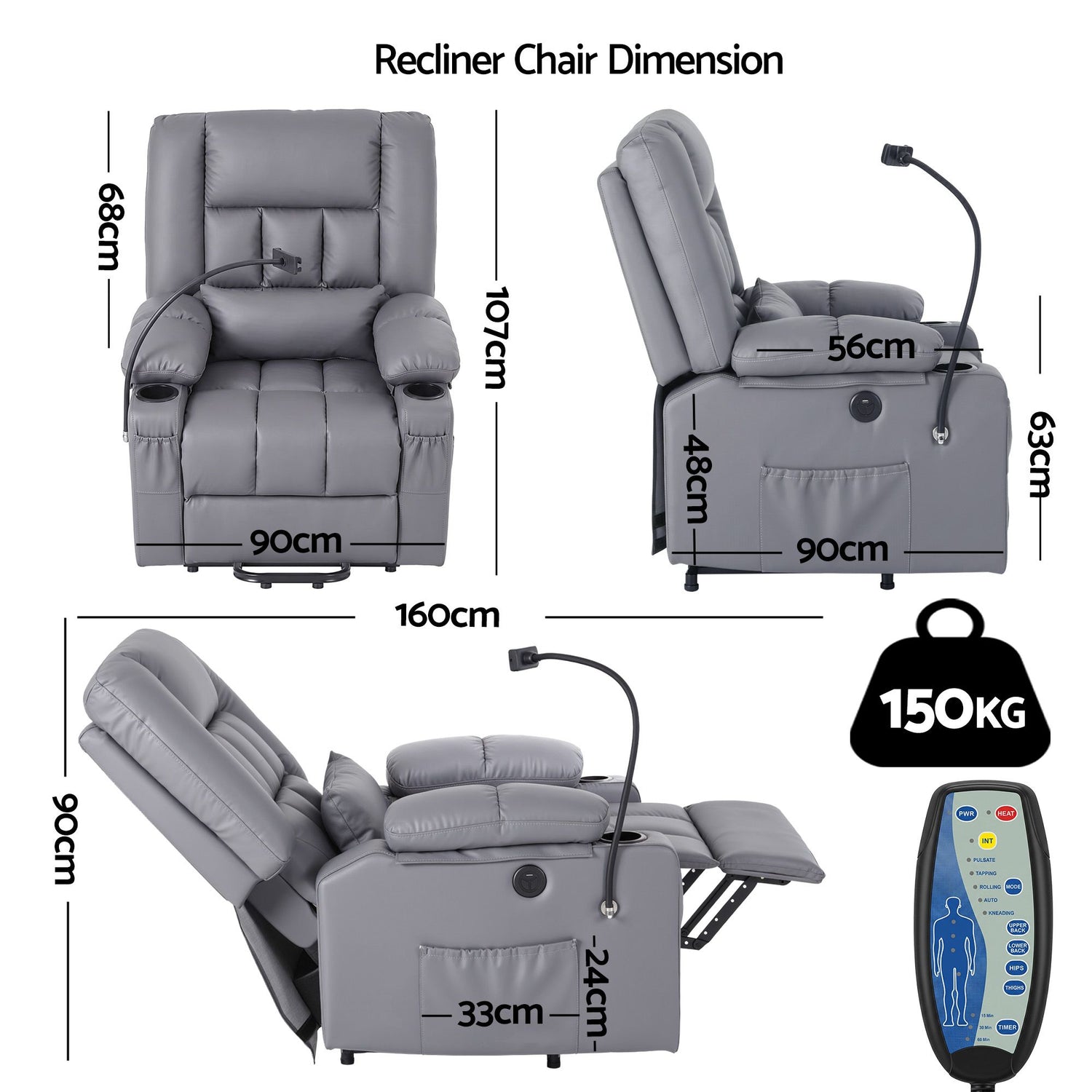 Artiss Power Lift Recliner Chair with Massage and Heat for Elderly, Electric Sofa Reclining Chair with USB and Phone Holder, PU Leather Comfy Armchair for Living Room, 2 Cup Holder &amp; 4 Pockets, Grey
