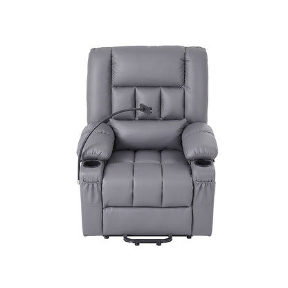 Artiss Power Lift Recliner Chair with Massage and Heat for Elderly, Electric Sofa Reclining Chair with USB and Phone Holder, PU Leather Comfy Armchair for Living Room, 2 Cup Holder &amp; 4 Pockets, Grey
