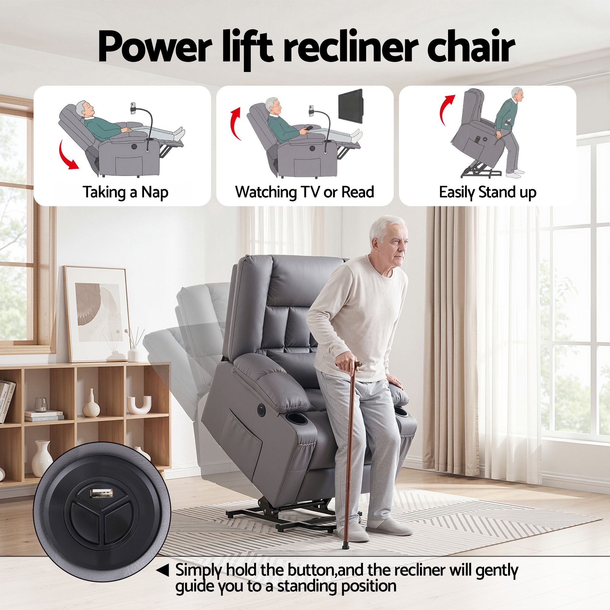 Artiss Power Lift Recliner Chair with Massage and Heat for Elderly, Electric Sofa Reclining Chair with USB and Phone Holder, PU Leather Comfy Armchair for Living Room, 2 Cup Holder &amp; 4 Pockets, Grey