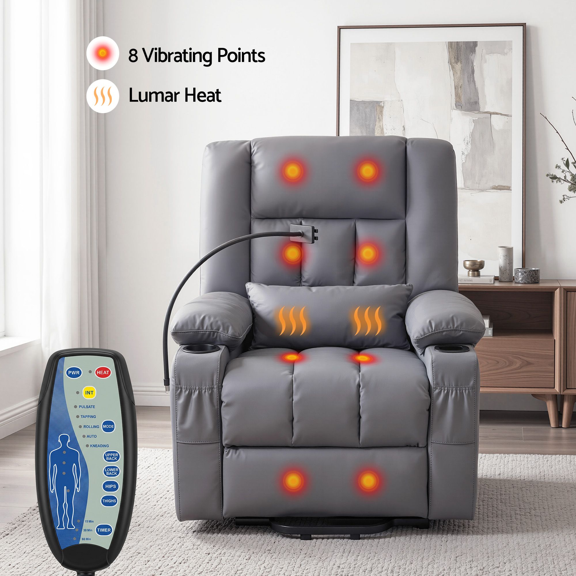 Artiss Power Lift Recliner Chair with Massage and Heat for Elderly, Electric Sofa Reclining Chair with USB and Phone Holder, PU Leather Comfy Armchair for Living Room, 2 Cup Holder &amp; 4 Pockets, Grey