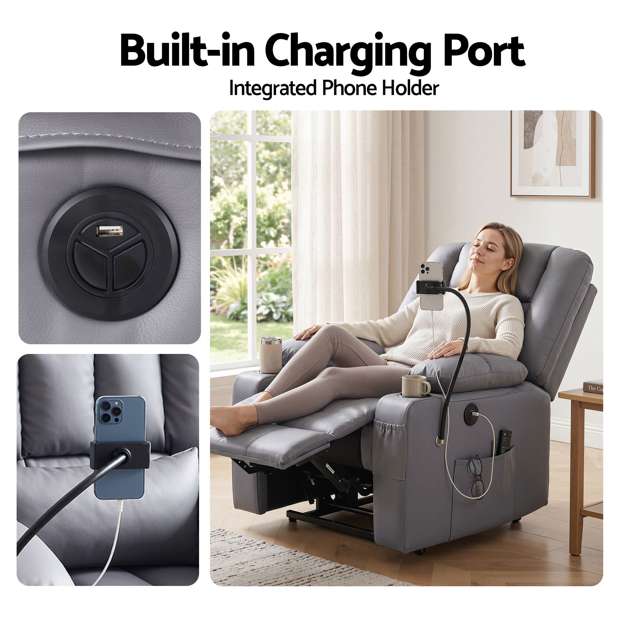 Artiss Power Lift Recliner Chair with Massage and Heat for Elderly, Electric Sofa Reclining Chair with USB and Phone Holder, PU Leather Comfy Armchair for Living Room, 2 Cup Holder &amp; 4 Pockets, Grey