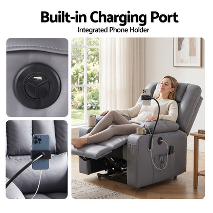 Artiss Power Lift Recliner Chair with Massage and Heat for Elderly, Electric Sofa Reclining Chair with USB and Phone Holder, PU Leather Comfy Armchair for Living Room, 2 Cup Holder &amp; 4 Pockets, Grey