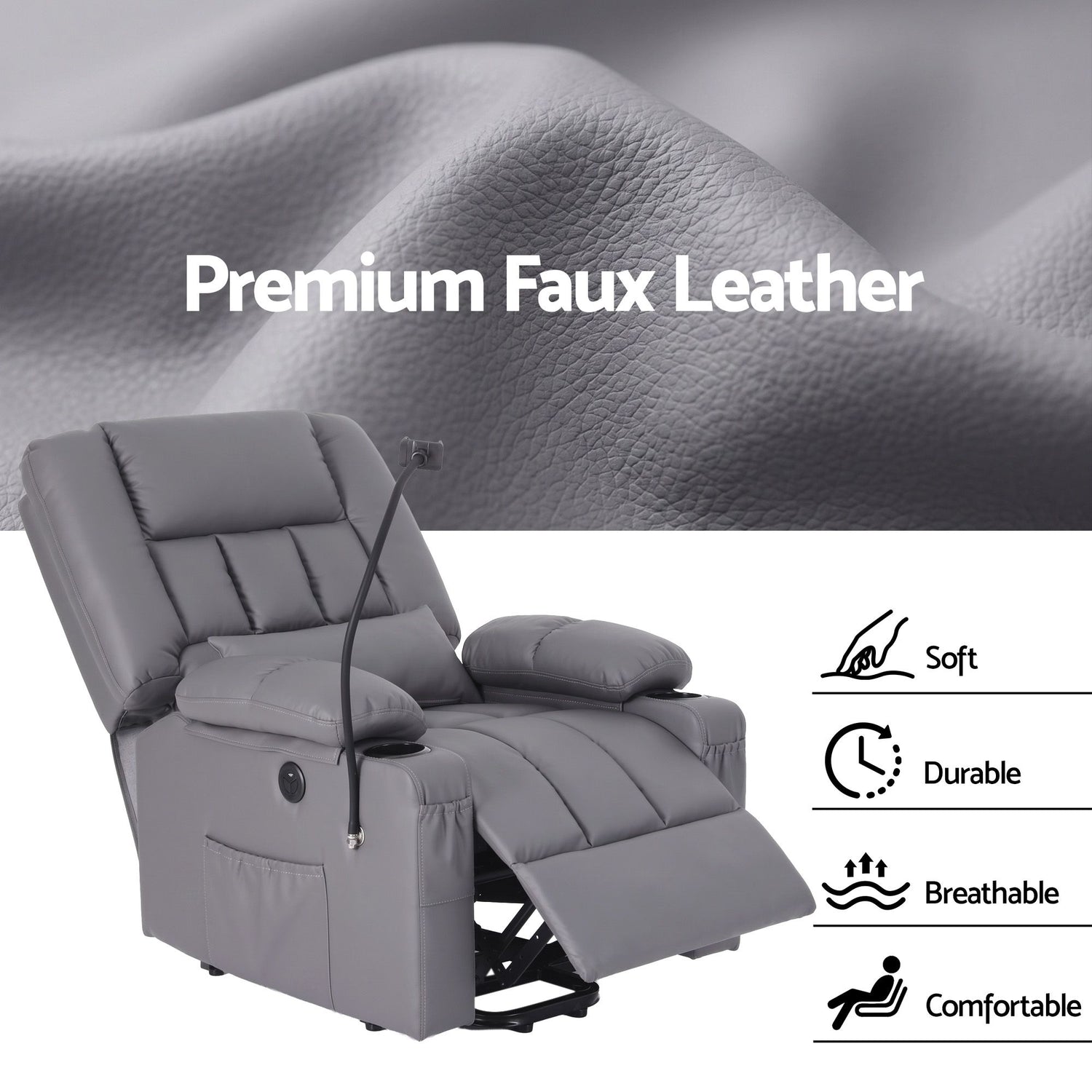 Artiss Power Lift Recliner Chair with Massage and Heat for Elderly, Electric Sofa Reclining Chair with USB and Phone Holder, PU Leather Comfy Armchair for Living Room, 2 Cup Holder &amp; 4 Pockets, Grey