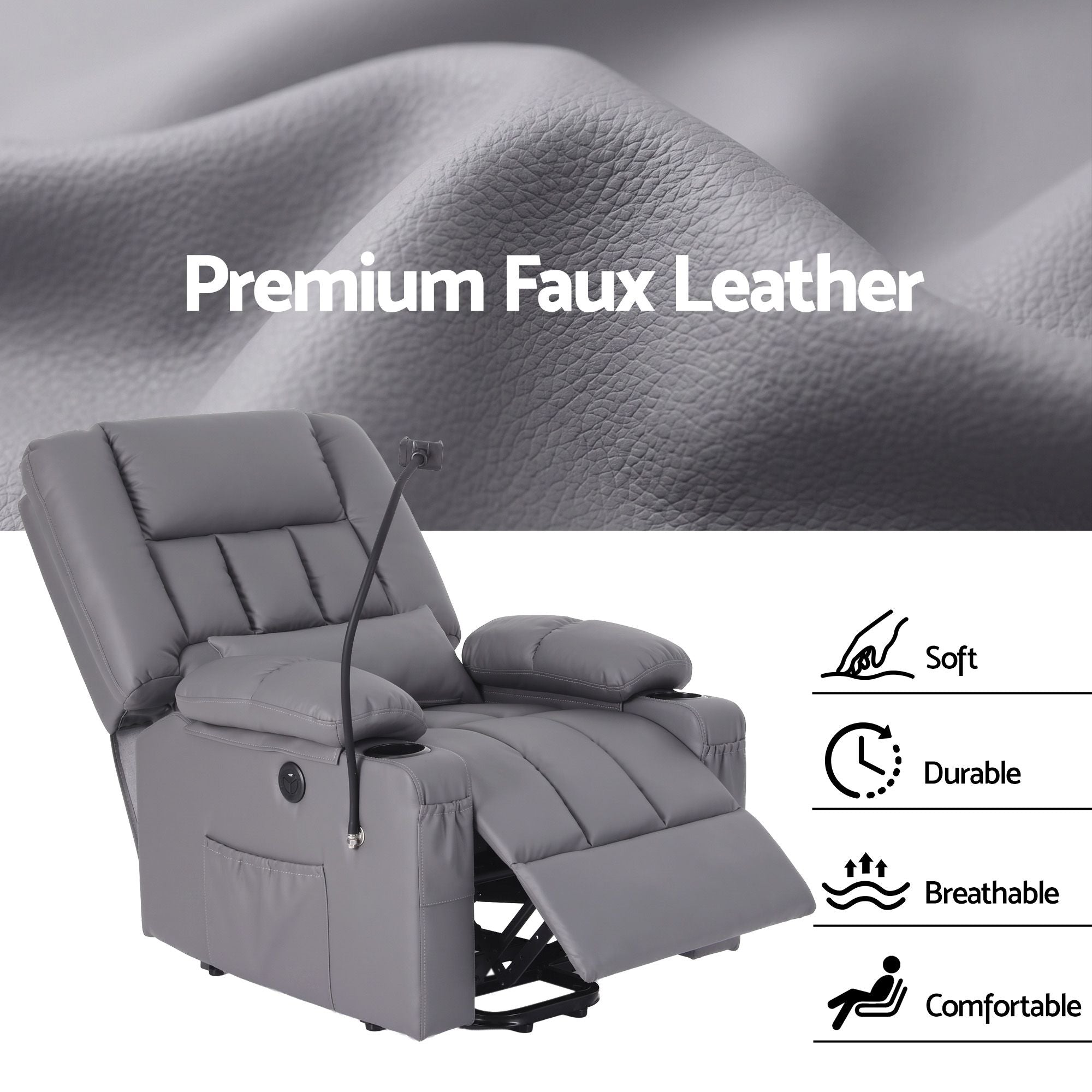 Artiss Power Lift Recliner Chair with Massage and Heat for Elderly, Electric Sofa Reclining Chair with USB and Phone Holder, PU Leather Comfy Armchair for Living Room, 2 Cup Holder &amp; 4 Pockets, Grey