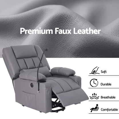 Artiss Power Lift Recliner Chair with Massage and Heat for Elderly, Electric Sofa Reclining Chair with USB and Phone Holder, PU Leather Comfy Armchair for Living Room, 2 Cup Holder &amp; 4 Pockets, Grey
