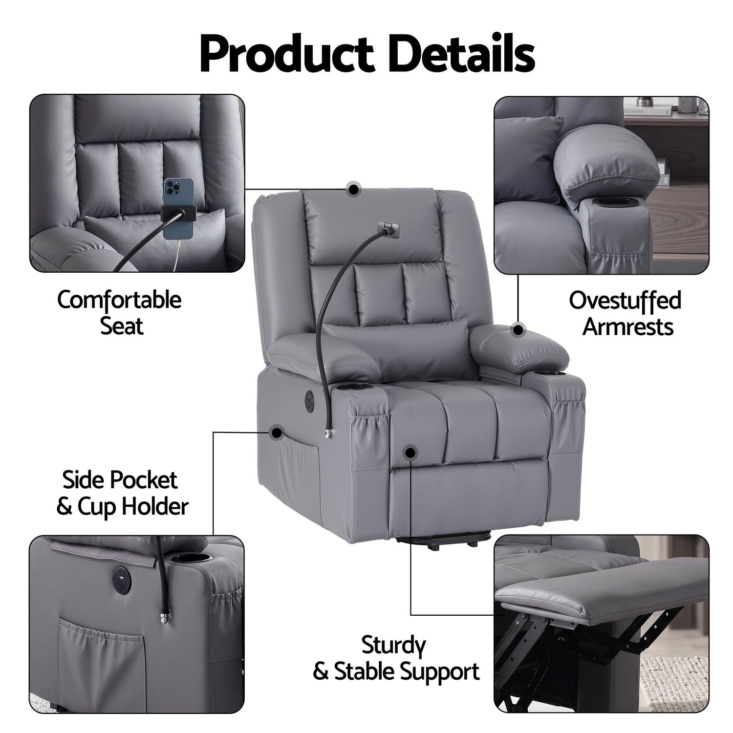 Artiss Power Lift Recliner Chair with Massage and Heat for Elderly, Electric Sofa Reclining Chair with USB and Phone Holder, PU Leather Comfy Armchair for Living Room, 2 Cup Holder &amp; 4 Pockets, Grey