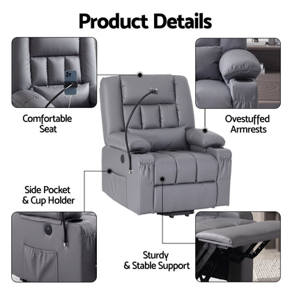 Artiss Power Lift Recliner Chair with Massage and Heat for Elderly, Electric Sofa Reclining Chair with USB and Phone Holder, PU Leather Comfy Armchair for Living Room, 2 Cup Holder &amp; 4 Pockets, Grey