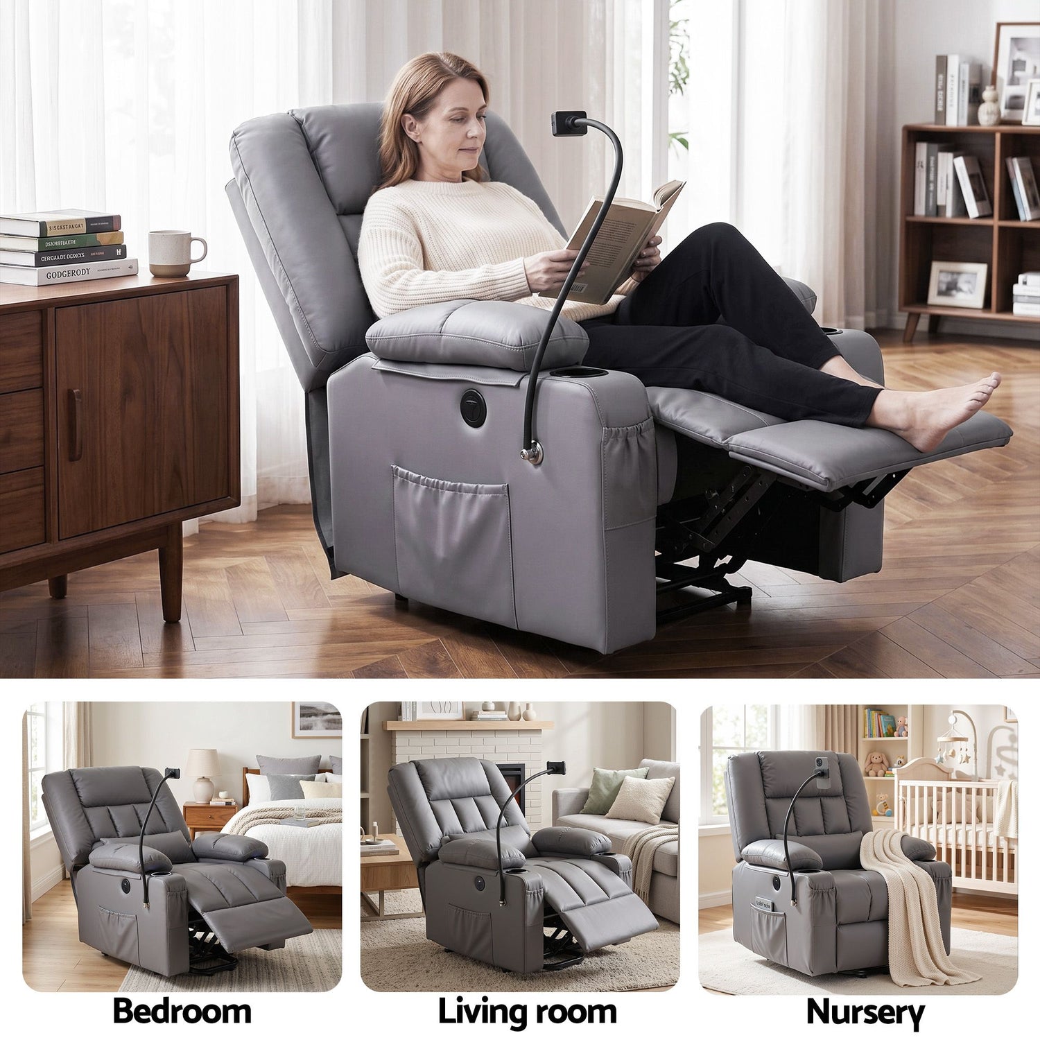 Artiss Power Lift Recliner Chair with Massage and Heat for Elderly, Electric Sofa Reclining Chair with USB and Phone Holder, PU Leather Comfy Armchair for Living Room, 2 Cup Holder &amp; 4 Pockets, Grey