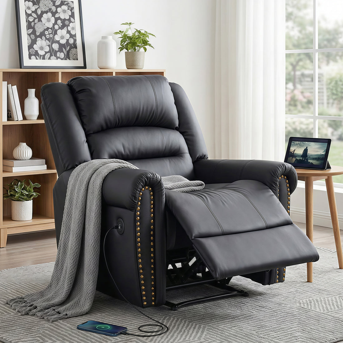 Artiss Leather Manual Recliner Chair with USB Charge Port, Overstuffed Armchair Sofa for Living Room and Nursery, Asjustable Theater Reclining Lounge with Comfortable Wide Seat, 150kg Capacity, Black-Furniture > Bar Stools &amp; Chairs > Arm Chairs &amp; Recliners-PEROZ Accessories