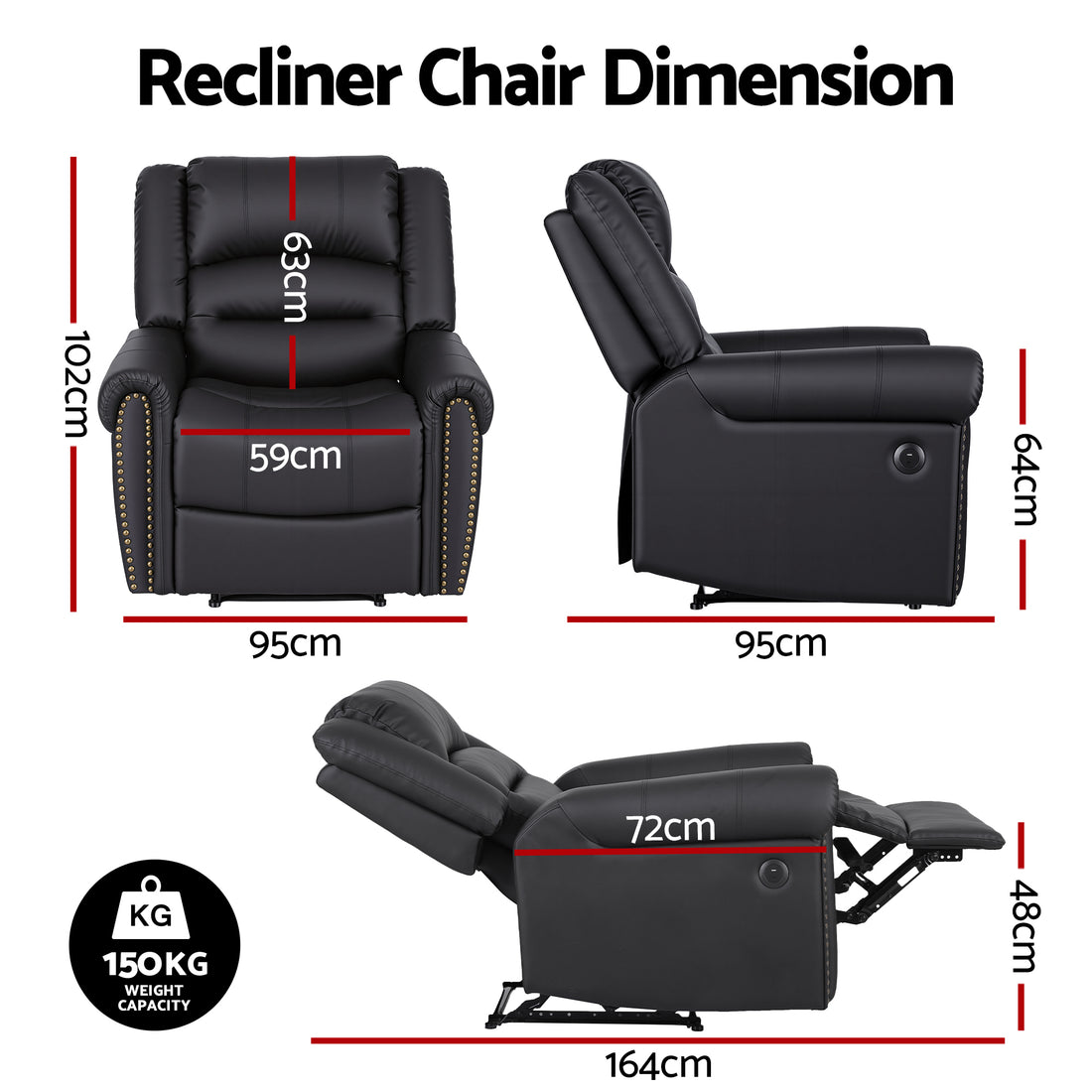 Artiss Leather Manual Recliner Chair with USB Charge Port, Overstuffed Armchair Sofa for Living Room and Nursery, Asjustable Theater Reclining Lounge with Comfortable Wide Seat, 150kg Capacity, Black-Furniture > Bar Stools &amp; Chairs > Arm Chairs &amp; Recliners-PEROZ Accessories