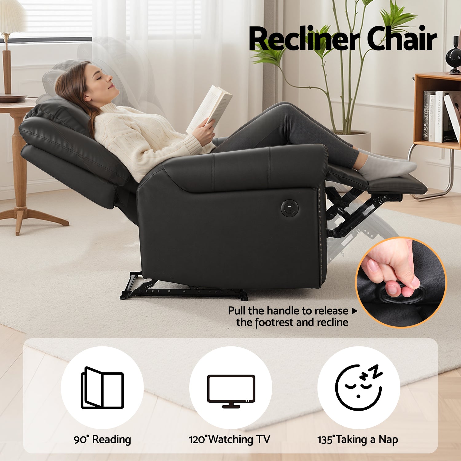 Artiss Leather Manual Recliner Chair with USB Charge Port, Overstuffed Armchair Sofa for Living Room and Nursery, Asjustable Theater Reclining Lounge with Comfortable Wide Seat, 150kg Capacity, Black-Furniture > Bar Stools &amp; Chairs > Arm Chairs &amp; Recliners-PEROZ Accessories