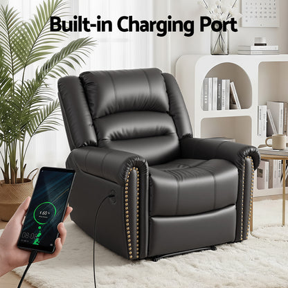 Artiss Leather Manual Recliner Chair with USB Charge Port, Overstuffed Armchair Sofa for Living Room and Nursery, Asjustable Theater Reclining Lounge with Comfortable Wide Seat, 150kg Capacity, Black-Furniture > Bar Stools &amp; Chairs > Arm Chairs &amp; Recliners-PEROZ Accessories