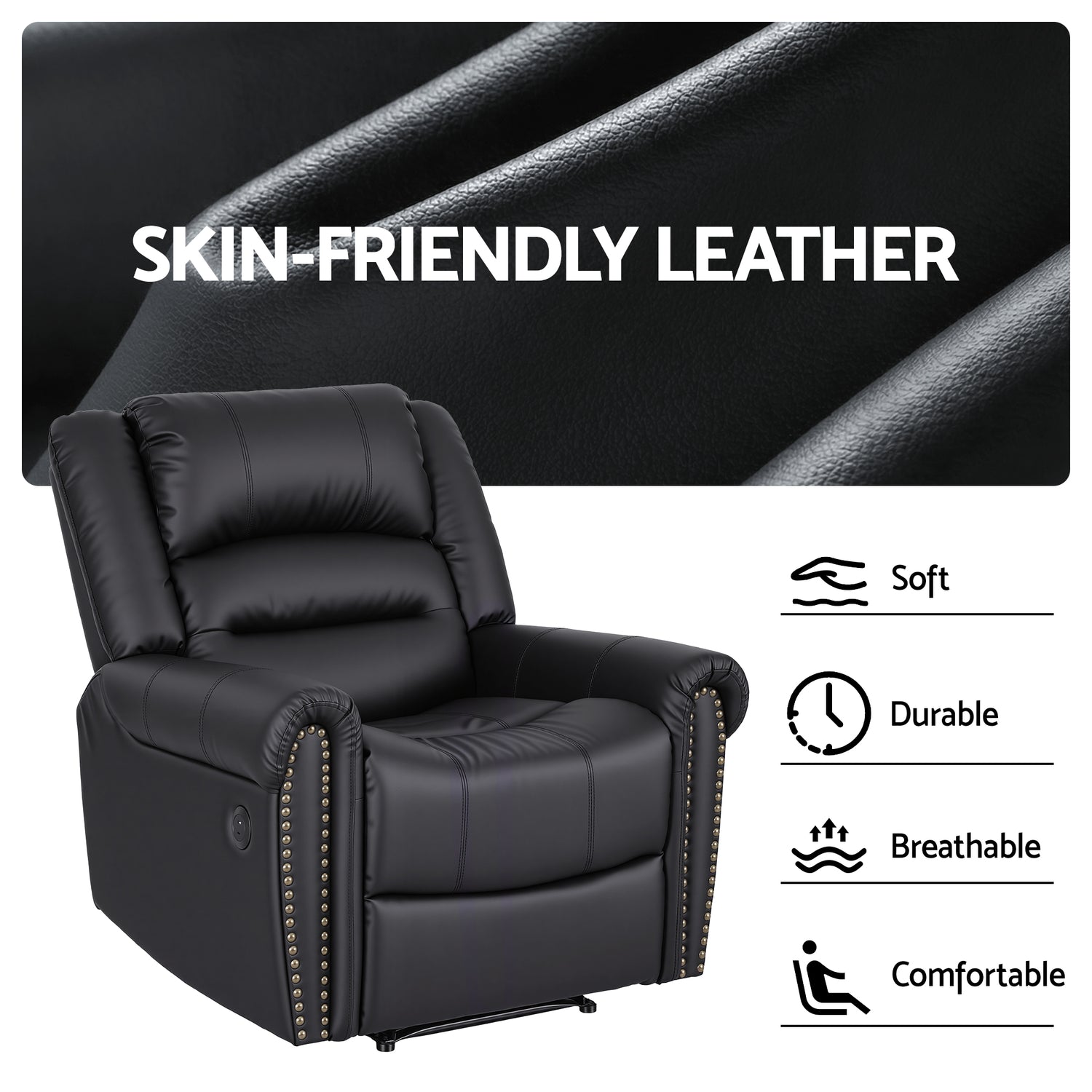 Artiss Leather Manual Recliner Chair with USB Charge Port, Overstuffed Armchair Sofa for Living Room and Nursery, Asjustable Theater Reclining Lounge with Comfortable Wide Seat, 150kg Capacity, Black-Furniture > Bar Stools &amp; Chairs > Arm Chairs &amp; Recliners-PEROZ Accessories