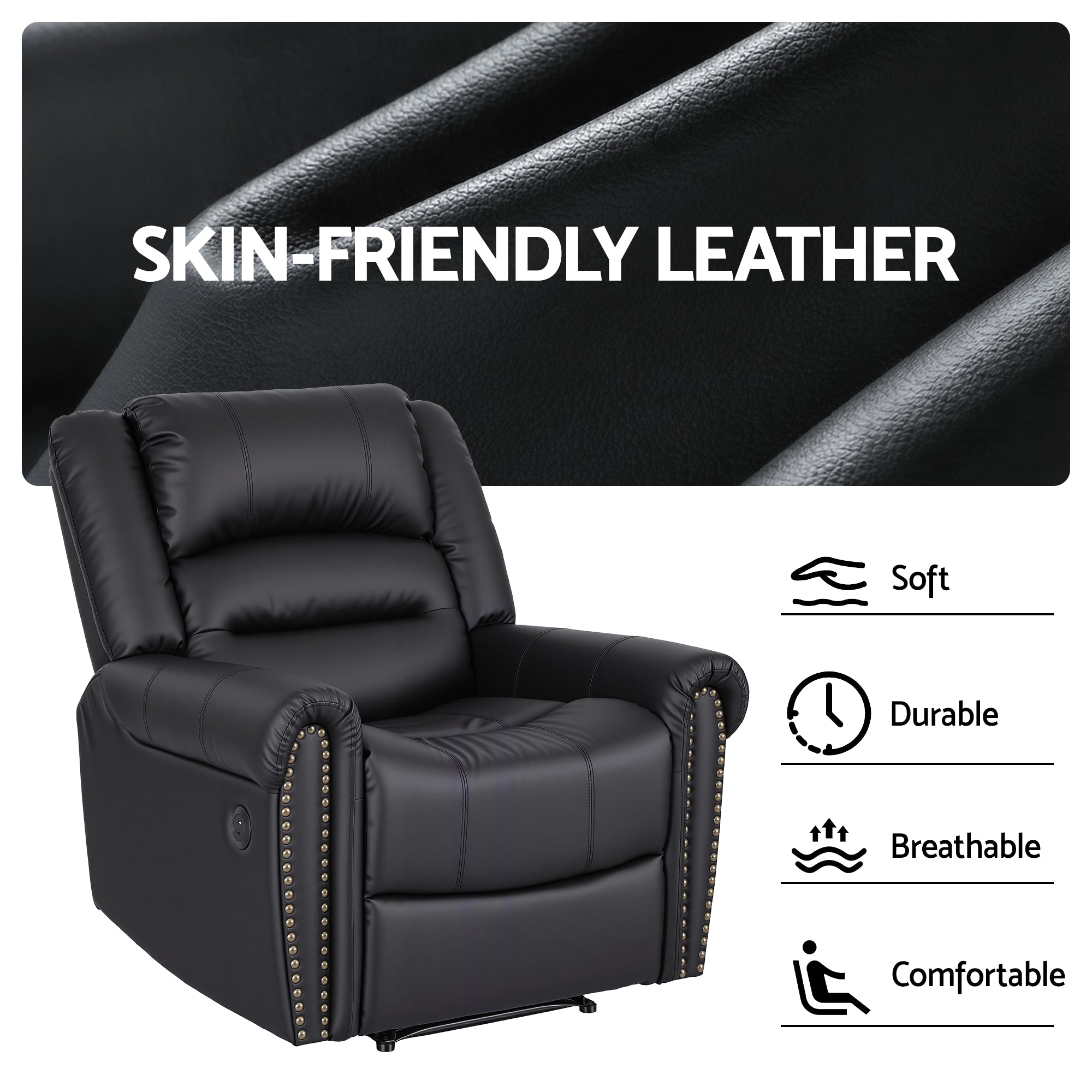 Artiss Leather Manual Recliner Chair with USB Charge Port, Overstuffed Armchair Sofa for Living Room and Nursery, Asjustable Theater Reclining Lounge with Comfortable Wide Seat, 150kg Capacity, Black-Furniture > Bar Stools &amp; Chairs > Arm Chairs &amp; Recliners-PEROZ Accessories