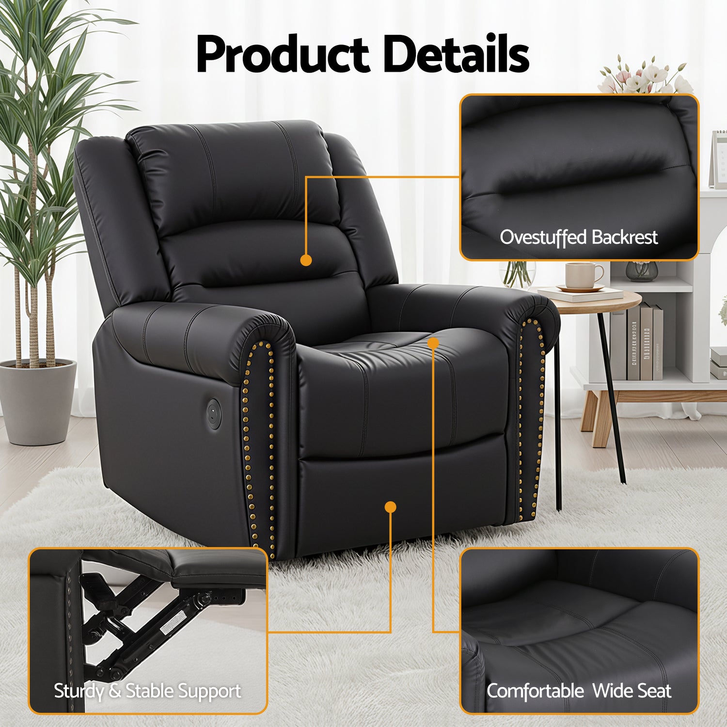 Artiss Leather Manual Recliner Chair with USB Charge Port, Overstuffed Armchair Sofa for Living Room and Nursery, Asjustable Theater Reclining Lounge with Comfortable Wide Seat, 150kg Capacity, Black-Furniture > Bar Stools &amp; Chairs > Arm Chairs &amp; Recliners-PEROZ Accessories