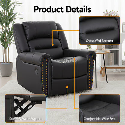 Artiss Leather Manual Recliner Chair with USB Charge Port, Overstuffed Armchair Sofa for Living Room and Nursery, Asjustable Theater Reclining Lounge with Comfortable Wide Seat, 150kg Capacity, Black-Furniture > Bar Stools &amp; Chairs > Arm Chairs &amp; Recliners-PEROZ Accessories