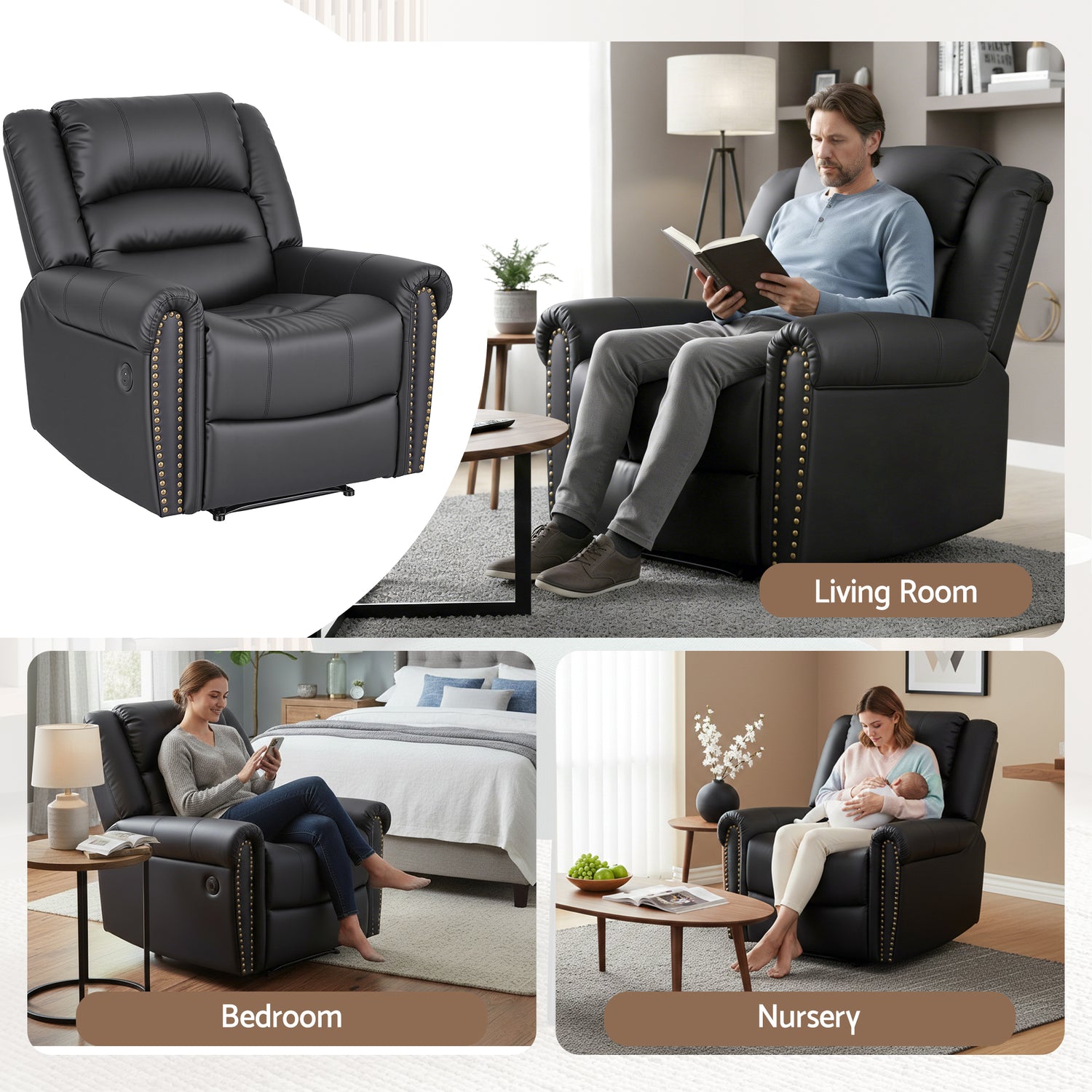 Artiss Leather Manual Recliner Chair with USB Charge Port, Overstuffed Armchair Sofa for Living Room and Nursery, Asjustable Theater Reclining Lounge with Comfortable Wide Seat, 150kg Capacity, Black-Furniture > Bar Stools &amp; Chairs > Arm Chairs &amp; Recliners-PEROZ Accessories