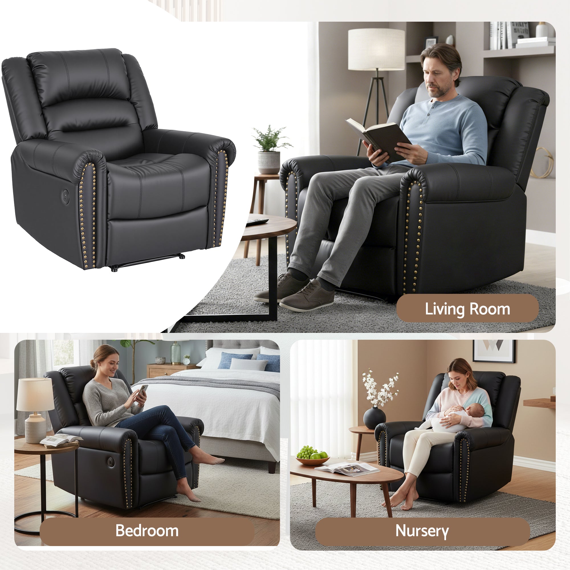 Artiss Leather Manual Recliner Chair with USB Charge Port, Overstuffed Armchair Sofa for Living Room and Nursery, Asjustable Theater Reclining Lounge with Comfortable Wide Seat, 150kg Capacity, Black-Furniture > Bar Stools &amp; Chairs > Arm Chairs &amp; Recliners-PEROZ Accessories