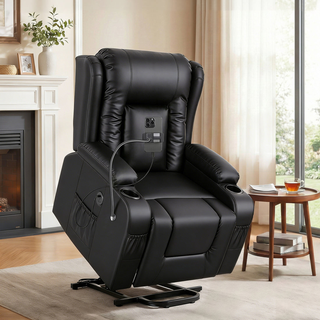 Artiss Power Lift Recliner Chair with Massage and Heat for Elderly, Electric Sofa Reclining Chair with USB and Phone Holder, PU Leather Comfy Armchair for Living Room, 2 Cup Holder &amp; 4 Pockets, Black-Furniture > Bar Stools &amp; Chairs > Arm Chairs &amp; Recliners-PEROZ Accessories